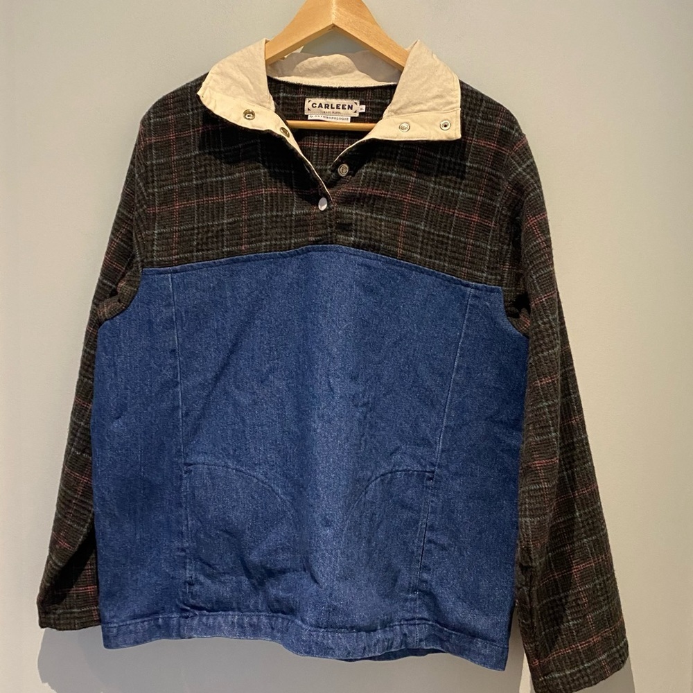 Anthropologie Denim & Plaid Pullover with Cream Collar